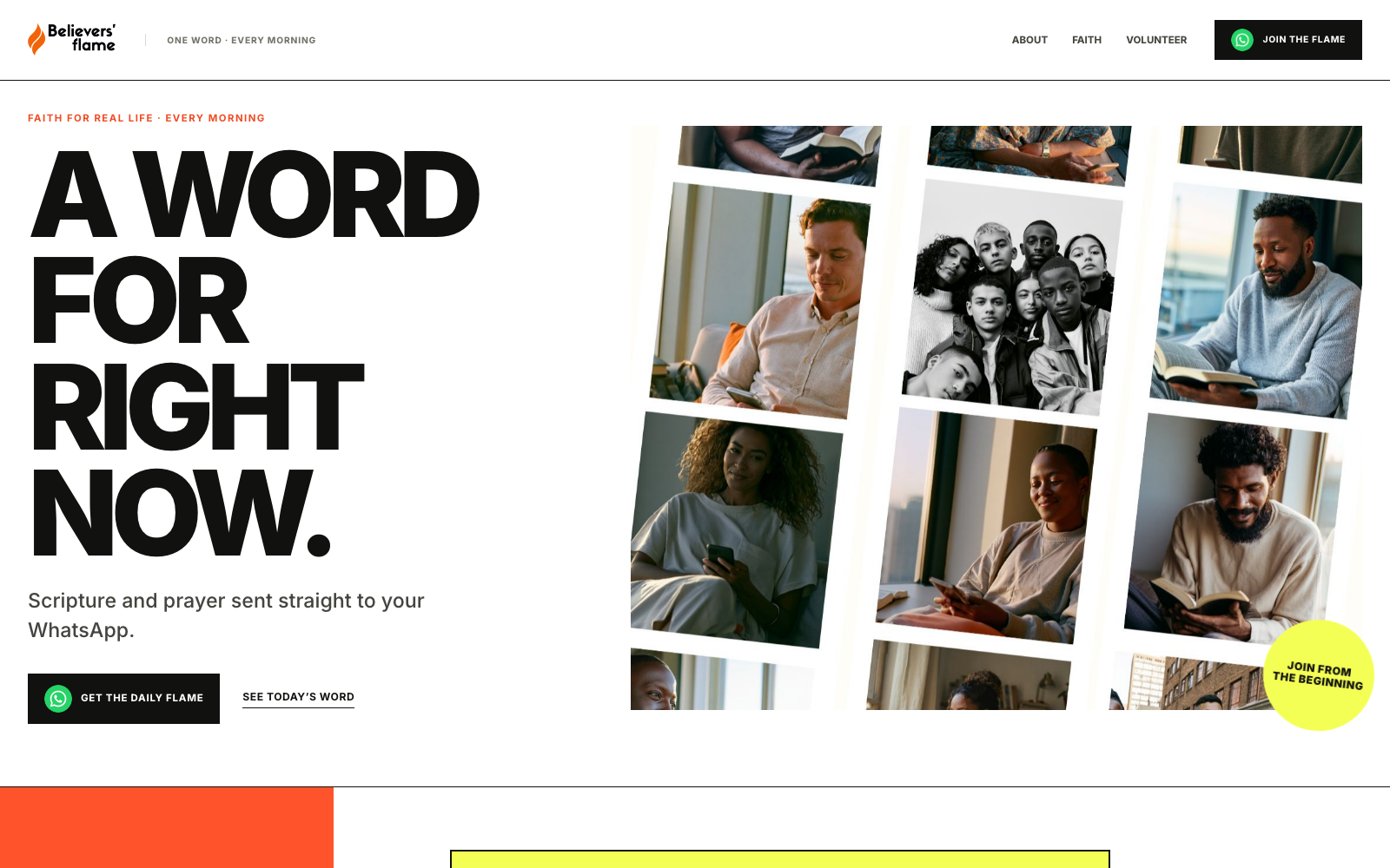 Believers' Flame homepage with its daily faith proposition and editorial imagery