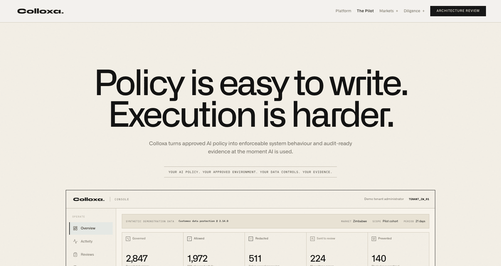 Colloxa homepage showing its policy execution proposition and governance console